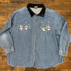 Vintage Nutcracker Shirt Women's Blue Denim Christmas Button Down Snowman Sz 2XL